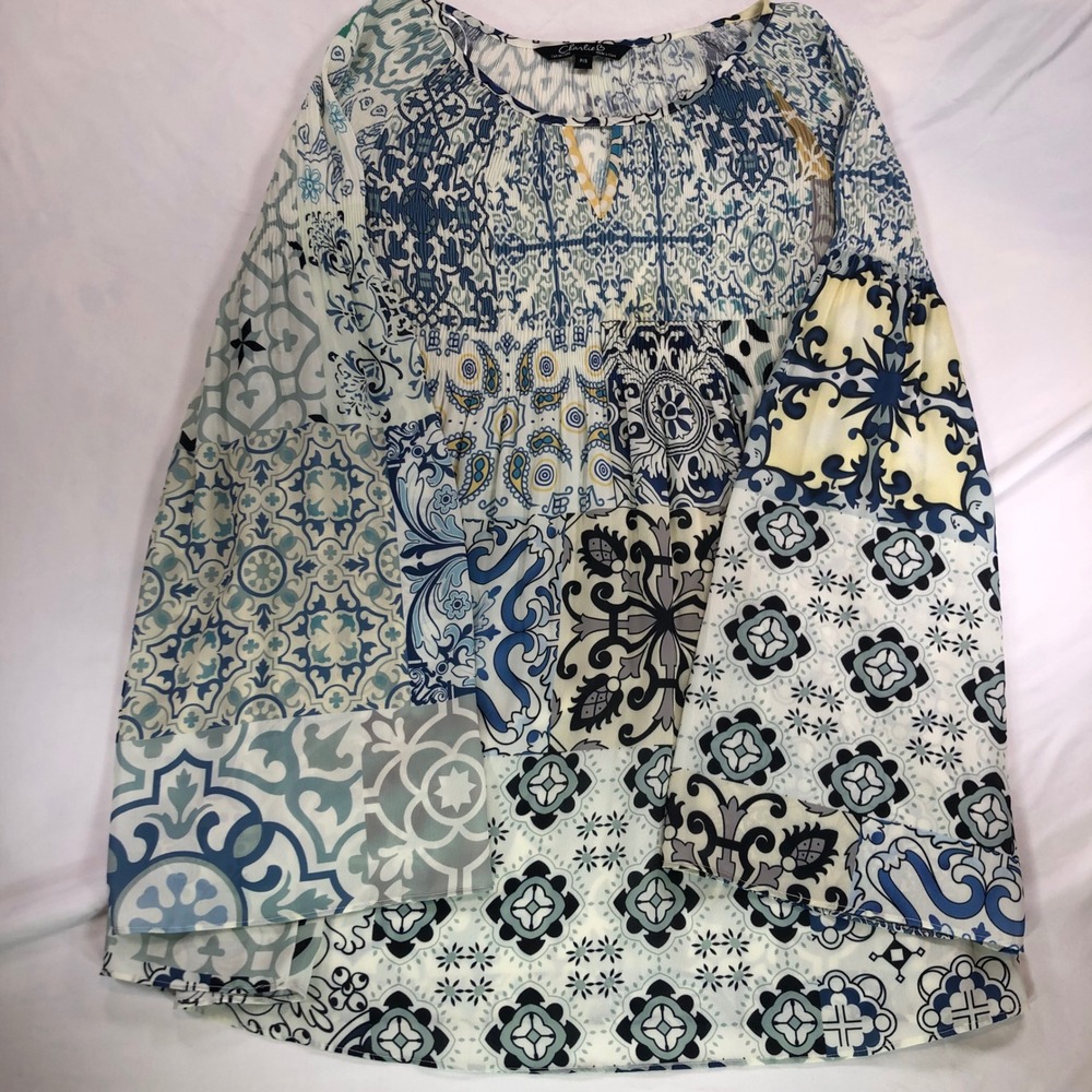 Charlie B Blue Tile Patchwork Pleated Blouse Split Neck Bell Sleeve P/S C4171CR‎
